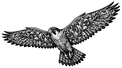 Majestic Ornate Falcon Flying Engraving, Detailed Black and White Artwork on Isolated White Background © Makarya