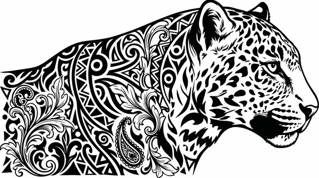 Black and White Jaguar Head with Intricate Tribal Patterns, Detailed Vector Illustration, Isolated White Background