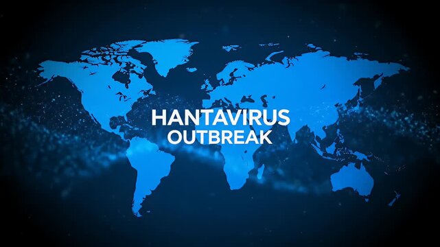 Hantavirus outbreak text displayed over a blue glowing digital world map background