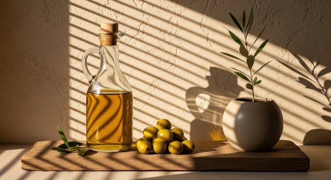 A glass bottle of golden olive oil and fresh green olives bathed in warm sunlight, a natural culinary still life