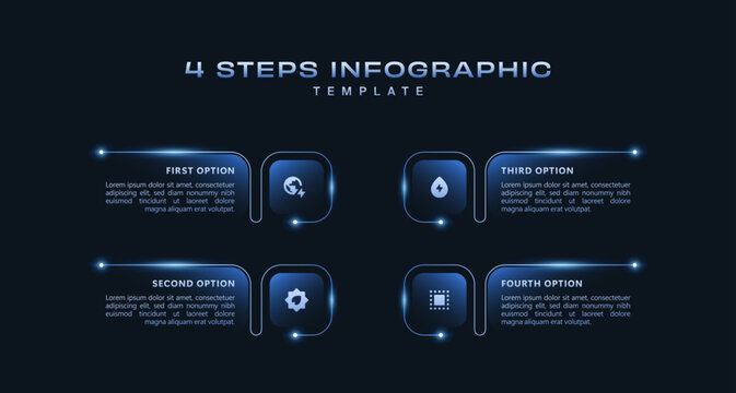 Futuristic 4 step workflow infographic with glowing blue digital elements, modern business process presentation, clean vector technology visualization template design