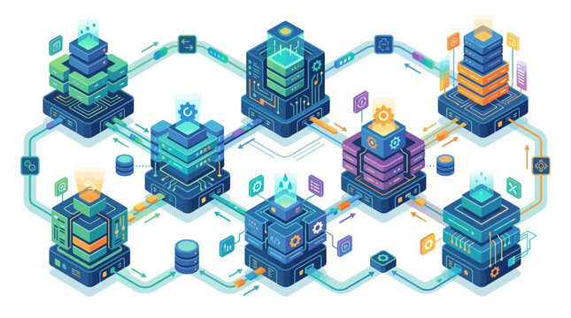 Isometric vector illustration of a decentralized data network featuring interconnected server clusters, glowing digital nodes, database icons, and information flow paths on a white background.