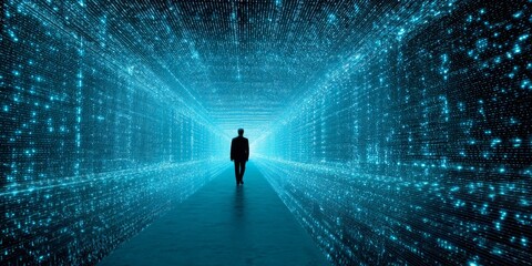Fototapeta premium Mysterious silhouette of a person walking through a futuristic tunnel illuminated by digital data streams and binary code atmosphere