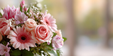 Obraz premium Elegant bouquet with pink roses, gerbera daisies, and alstroemeria flowers in vase on blurred background.