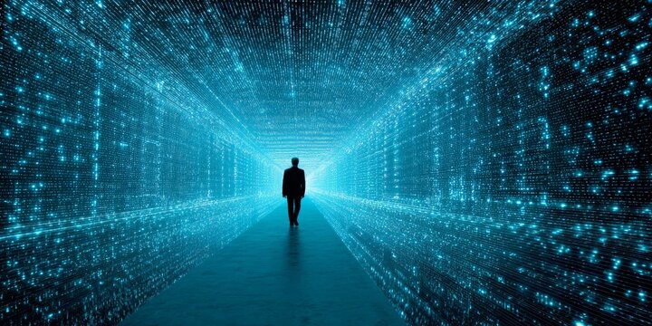 Mysterious silhouette of a person walking through a futuristic tunnel illuminated by digital data streams and binary code atmosphere