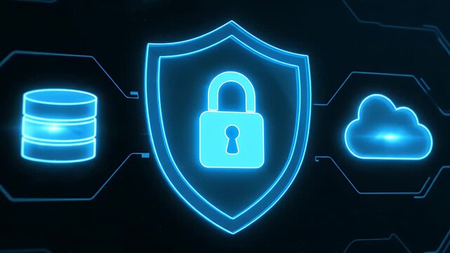 Glowing digital shield with padlock icon protecting database and cloud data network