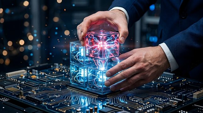 Professional placing plasma energy cube onto digital motherboard
