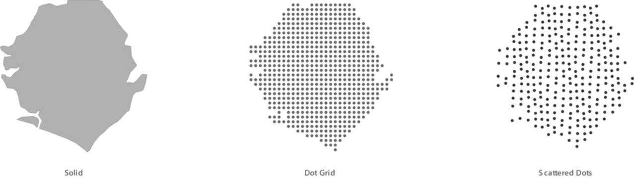 Set of sierra leone map shapes in solid, dot grid and scattered dots styles vector illustration