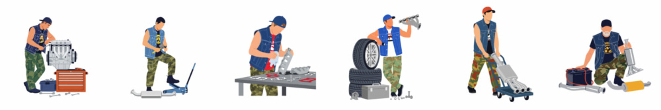Set of male mechanics and car enthusiasts working with various automotive parts and tools, isolated flat vector illustration collection on a white background.