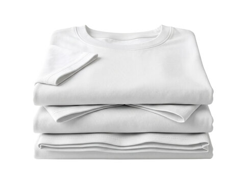 Neatly folded stack of three plain white t-shirts isolated on a white background with t shirts folded clothes casual wear wardrobe essential crew neck short sleeve t-shirts clothing menswear