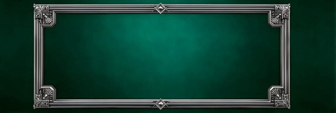 Elegant silver metal frame with ornate corners on dark green textured surface background.