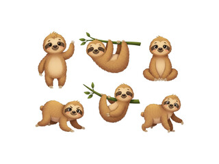 Obraz premium Adorable sloths hanging on branches and walking cartoon cute animals