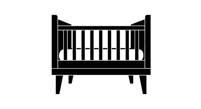 Black baby crib with mattress inside.