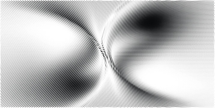 Abstract halftone pattern background with circular dots creating a dynamic wave effect in black and white vector illustration