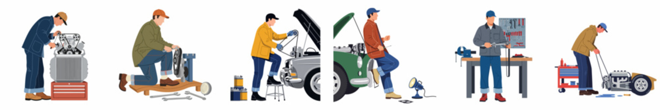 Set of illustrations of male mechanics repairing and maintaining cars and engines in a garage or workshop setting on a white background.