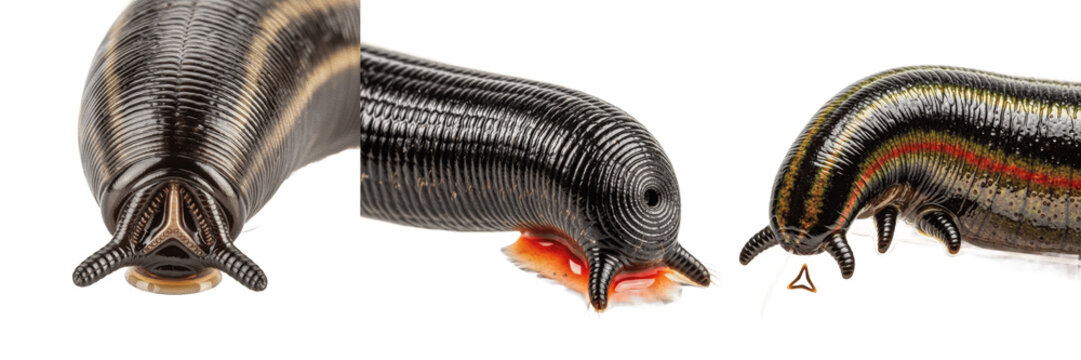 Leech suction detail, Hirudo medicinalis, posterior sucker attachment anchoring mechanism, Hirudinidae family, muscular vacuum disc leverage action, skin tissue interaction, pasture stream