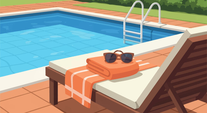 Vector illustration of a swimming pool with a wooden lounge chair, white cushion, orange beach towel, and sunglasses, featuring a metal pool ladder, tiled patio, and lawn.