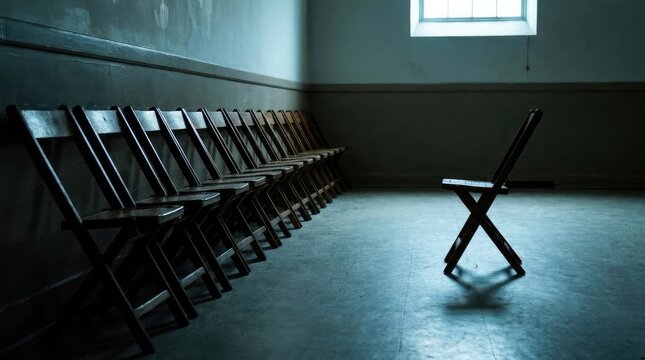 A row of wooden chairs sits in a dimly lit room. A single chair is flipped upside down in the foreground.