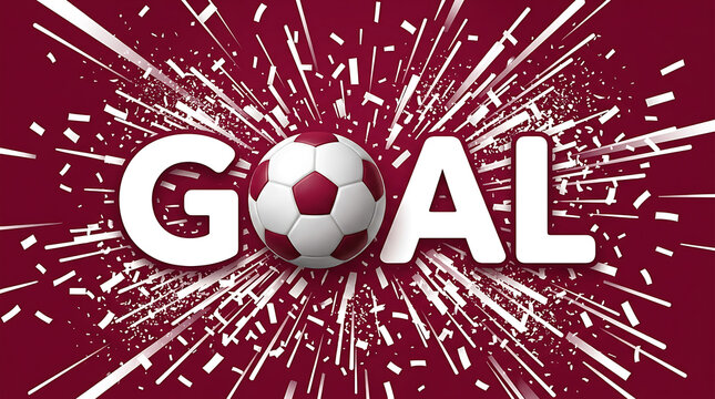 Large white text saying goal with a soccer ball in the center surrounded by an explosion of white confetti and light rays on a dark red background