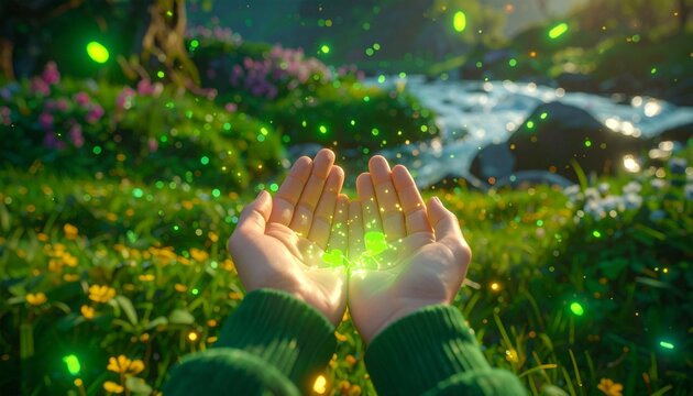 Magical Saint Patrick's Day celebration with glowing green lights, festive particles, lucky atmosphere, cinematic holiday scene, realistic hands holding luminous clover energy, fantasy commercial aest