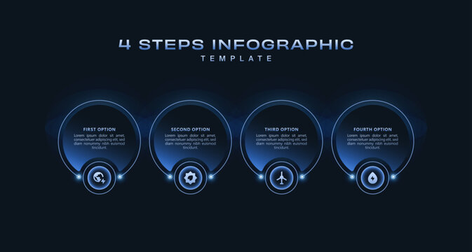 Futuristic 4 step workflow infographic with glowing blue digital elements, modern business process presentation, clean vector technology visualization template design