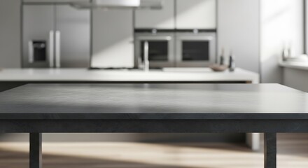 Fototapeta premium Empty dark stone table in a modern blurred kitchen interior for product placement
