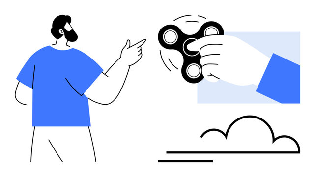 Stress relief, mindfulness, relaxation, creativity, focus tools, hobbies. Man pointing to a hand holding a fidget spinner with two minimalist line elements. Stress relief and mindfulness concept