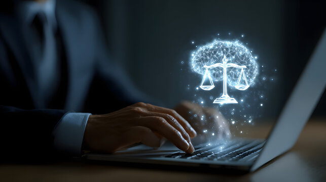 Executive working on notebook with digital brain and balance symbol for artificial intelligence law.