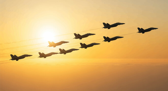 A group of eight military fighter jets flying in an echelon formation across a bright golden sunset sky with visible vapor trails above a dense layer of clouds at high altitude.