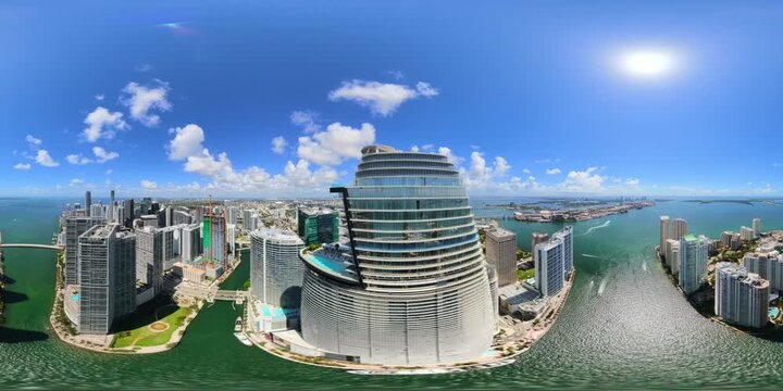 Aerial drone 360 Downtown Miami over Miami River 2026