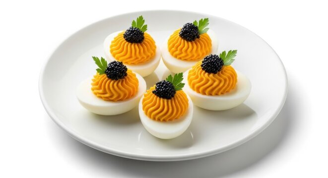 Five Elegant Deviled Eggs Topped With Caviar And Parsley Served On A White Plate