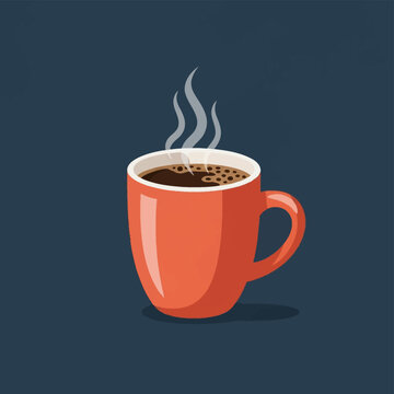 Vector illustration of an orange ceramic mug filled with hot steaming black coffee with bubbles on the surface, isolated on a dark blue background with wisps of white steam.