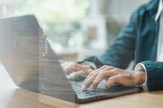 Programmer coding software on laptop with digital interface and source code overlay, representing artificial intelligence, web development, and modern technology engineering.