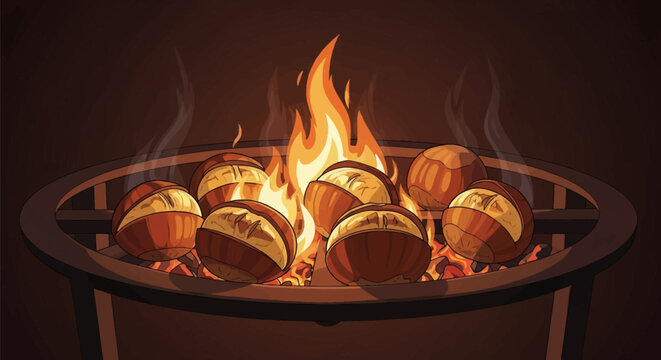 Stylized vector illustration of chestnuts roasting over bright orange flames on a metal grill. Steam rises from the open shells during the cooking process against a dark background.