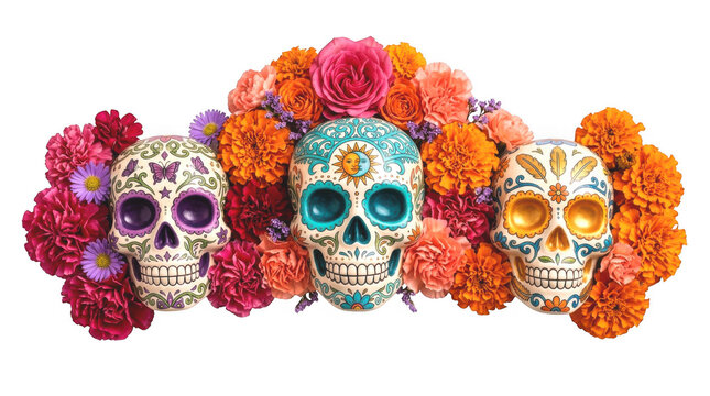Three decorated sugar skulls with bright marigold flowers isolated on transparent background