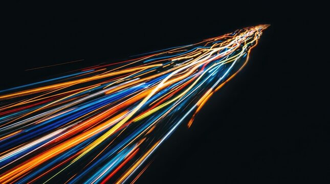 A long-exposure photograph captures a streak of vibrant light, resembling a rocket or beam, shooting upwards against a dark background.