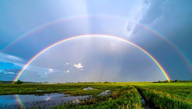 Colorful rainbow over peaceful wetland after rain, dramatic sunlight beams, vivid green fields, reflective water surface, realistic weather atmosphere, cinematic nature photography, ultra detailed lan