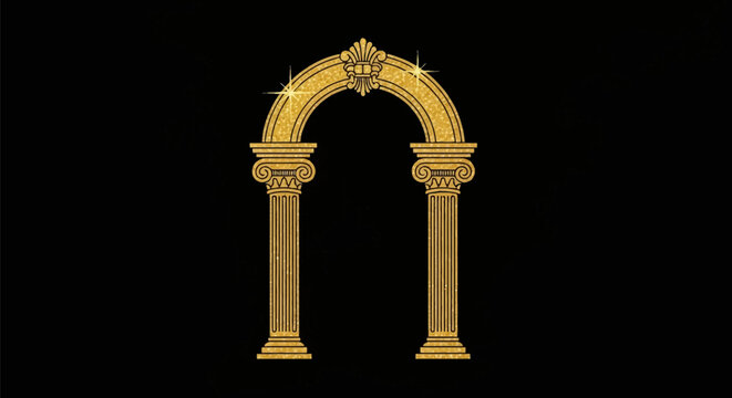 Ornate golden glitter archway with classical fluted columns and ionic capitals on a black background, featuring a decorative central crest, sparkling light effects, and a grand portal.