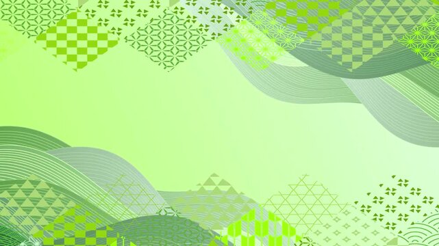Traditional Japanese Wavy Pattern Background with Green Colors and Geometric Shapes