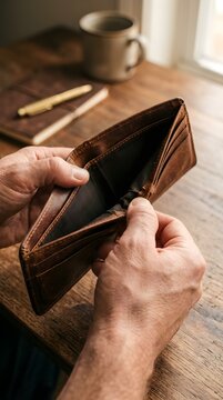 A person's hands holding an empty leather wallet, symbolizing financial concerns or a need for budgeting and saving money