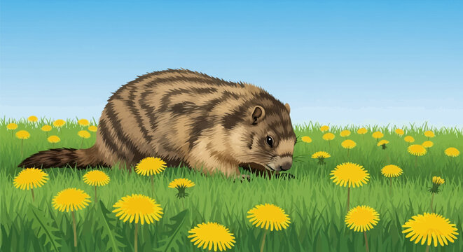 Vector illustration of a brown striped marmot grazing in a green grass field with blooming yellow dandelions under a clear blue sky, groundhog in a spring meadow landscape.