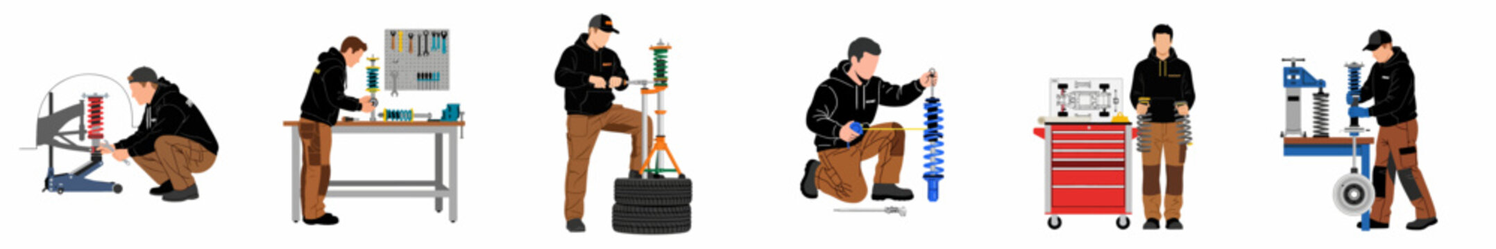 Set of vector illustrations showing a professional mechanic repairing and assembling car suspension systems, coilovers, and shocks in a garage or workshop setting.