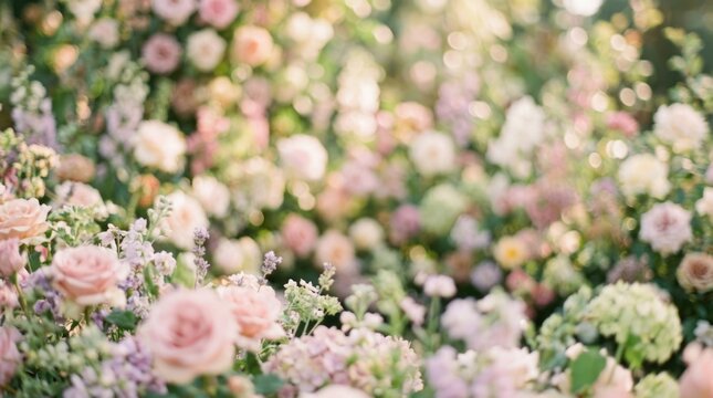 A vibrant garden filled with a variety of colorful flowers, including pink, white, and purple blooms, set against a soft, blurred background. 