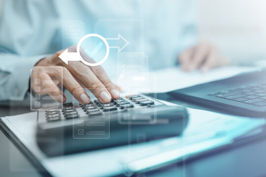 Refund and payment confirmation concept with tax calculation, approved transaction status, and financial document processing on calculator.
