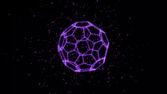 4k rotating 3D glass atom array buckyball animation with alpha channel is looping particle. glowing particles and light dots on black background. Rotating spinning energy ball Bucky Seamless loop.