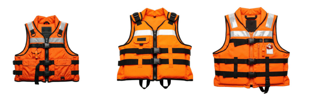 Bright Orange Life Jackets and Safety Vests Front View on White Background


