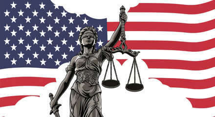 Naklejka premium Detailed vector illustration of Lady Justice holding the scales of balance and a sword, featuring a blindfolded woman in classical robes over a stylized United States flag backdrop.