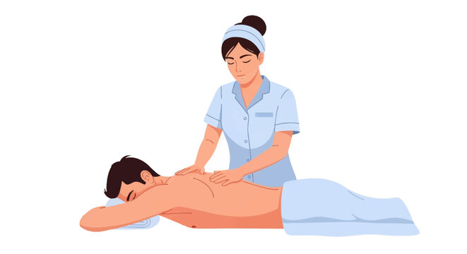 Professional female massage therapist in light blue uniform performing a back massage on a male client lying prone on a treatment table, flat vector illustration isolated on white background.