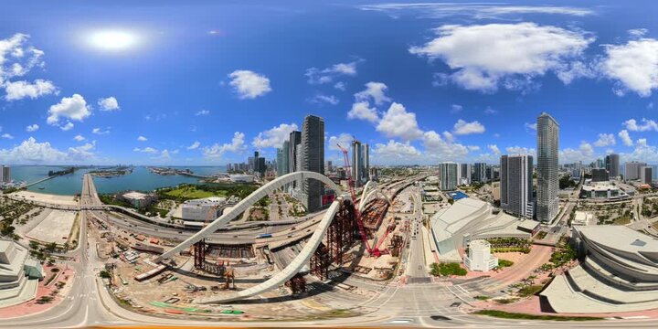 Static 360 VR aerial video The Fountain Miami Signature Bridge under construction 2026