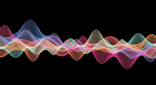 Abstract digital rendering of overlapping multicolored wavy lines on a solid black background, featuring fine parallel paths in shades of pink, blue, orange, yellow, and cyan.